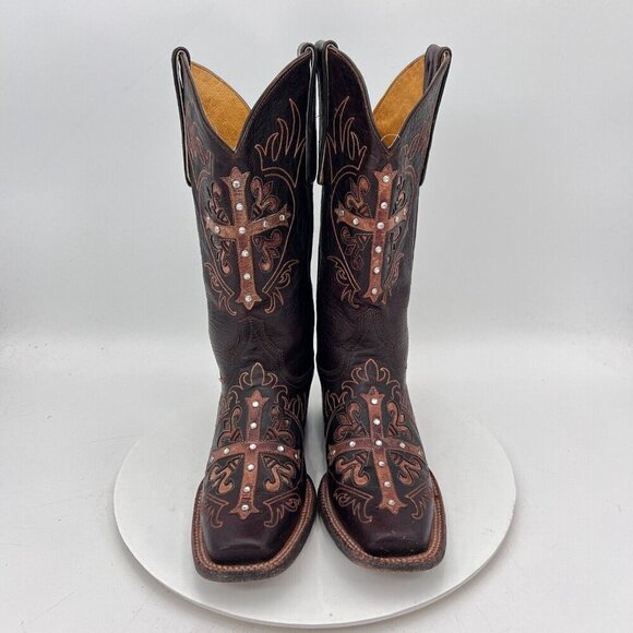 Cavenders Women Size 6.5C Dark Brown Spike Leather Pull On Western Cowboy Boot - Picture 2 of 16